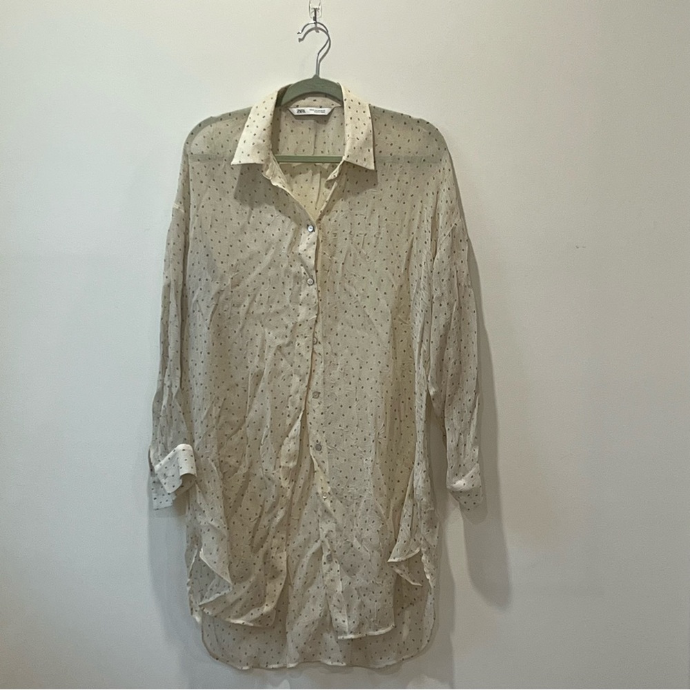 Zara Women’s Beige Polka Dot Button Down Shirt